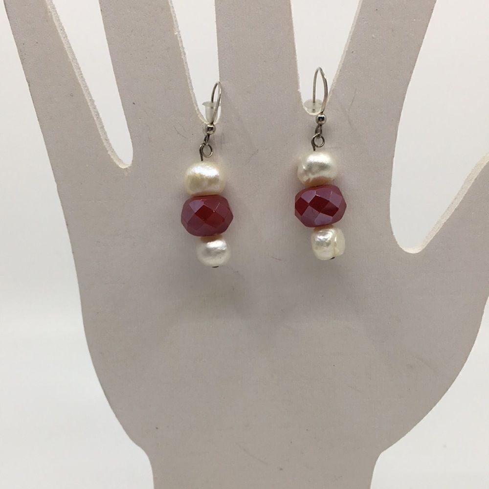 Sterling Silver Baroque Pearls and iridescent pink glass bead fishhook earrings
